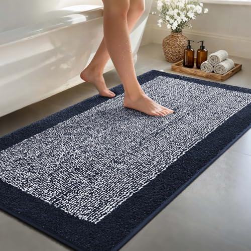 80x24 Bathroom Rugs Non Slip Washable, Soft Absorbent Bath Mat Dark Blue