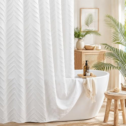 Off White Boho Fabric Shower Curtain 72 x 72 Inches, Modern Shabby Chic Textured Tufted Chevron Striped Minimalist Cloth Bathroom Shower Curtain