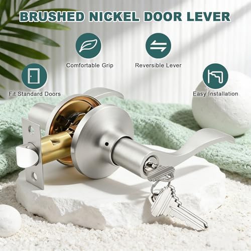 GOBEKOR Entry Door Handles with Lock and Same Keys, Brushed Nickel Keyed Aliked Entry Door Lock Sets for Exterior & Interior Doors, Reversible Door Levers for Bedroom Bathroom, 3 Pack