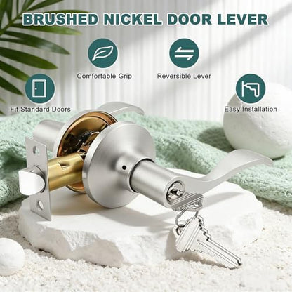 GOBEKOR Entry Door Handles with Lock and Same Keys, Brushed Nickel Keyed Aliked Entry Door Lock Sets for Exterior & Interior Doors, Reversible Door Levers for Bedroom Bathroom, 6 Pack