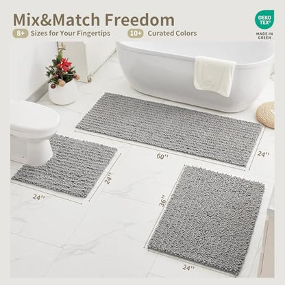 Bathroom Rugs Non Slip Washable 60x24, Extra Thick Soft Chenille Absorbent Bath Mat, High Density Barrier Non Slip Backing, Quick Dry Plush Shaggy Floor Carpet for Tub&Shower, Grey