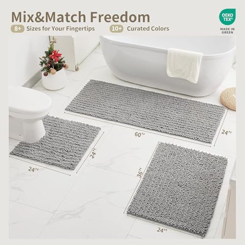 Bathroom Rugs Non Slip Washable 55x24, Extra Thick Soft Chenille Absorbent Bath Mat, High Density Barrier Non Slip Backing, Quick Dry Plush Shaggy Floor Carpet for Tub&Shower, Grey