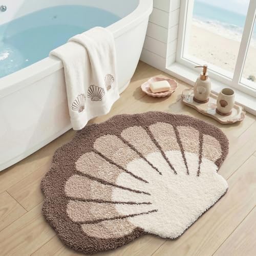 DEXI Cute Seashell Bath Mat, Coastal Scallop Bathroom Rug, 38x30 Beige