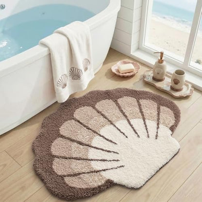 DEXI Cute Seashell Bath Mat, Coastal Scallop Bathroom Rug, 38x30 Beige