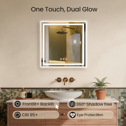 24"x24" LED Bathroom Mirror with Anti-Fog, Backlit & Front Lights, Memory