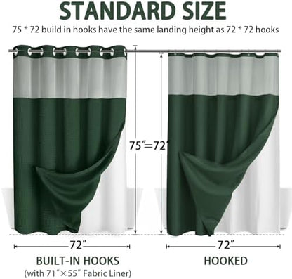 No Hook Shower Curtain with Liner Set Hotel Waffle Dark Green 72W X 75L