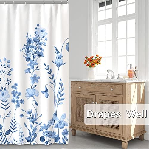 AWERT Small Half Size Stall Shower Curtain with Hooks Shower Stall Curtain 48 x 72 Light Blue Floral 48 inch for Bathroom/RV and Camper