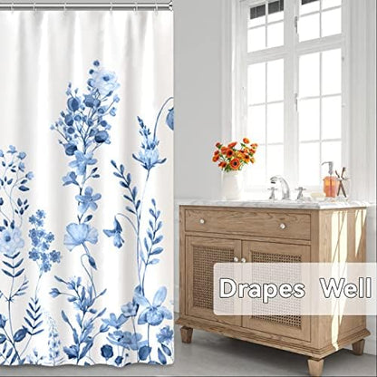 AWERT Small Half Size Stall Shower Curtain with Hooks Shower Stall Curtain 48 x 72 Light Blue Floral 48 inch for Bathroom/RV and Camper