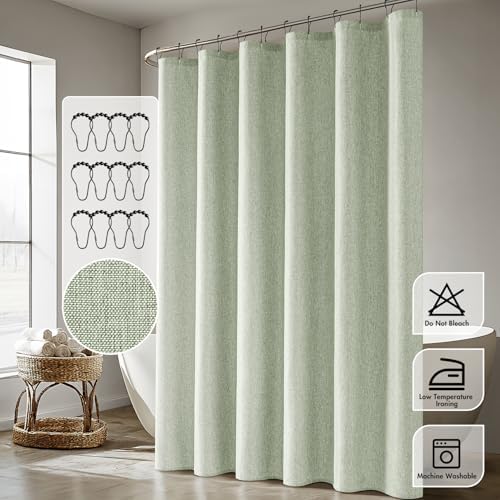 ANRODUO Sage Green Linen Textured Fabric Shower Curtain Set - W72xL78