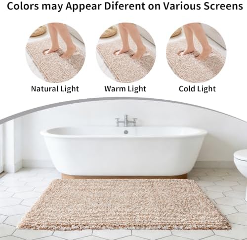 Disolla Bathrom Runner Rug 24x59 - Large Soft Plush Bath Mat, Thick Long Non-Slip Shaggy Floor Mat, Ultra-Absorbent for Master Bathroom Bedroom, Beige & White