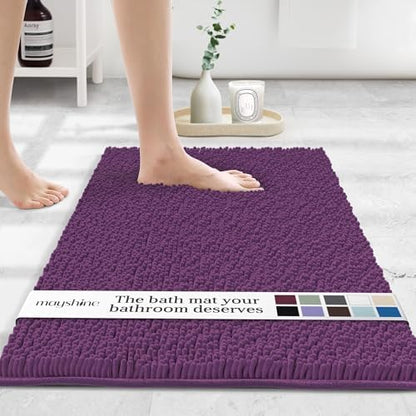 MAYSHINE Large Plush Shaggy Chenille Bath Mat 39"x24" Extra Soft, Super Absorbent, Non-Slip Bathroom Rug | Fluffy Microfiber, Area Rug Sets for Bathroom Floor, Kitchen, Living Room | Plum