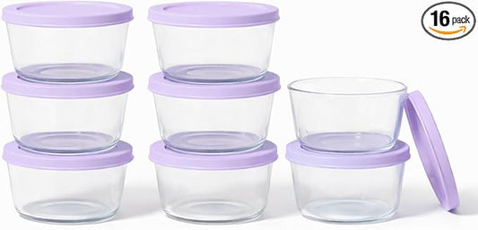 16-Piece Glass Food Storage Containers Set (8 Containers + 8 BPA-Free Lids) | 1-Cup, Leakproof | Microwave, Freezer, Oven & Dishwasher Safe | Ideal for Meal Prep & Pantry Organization, Purple