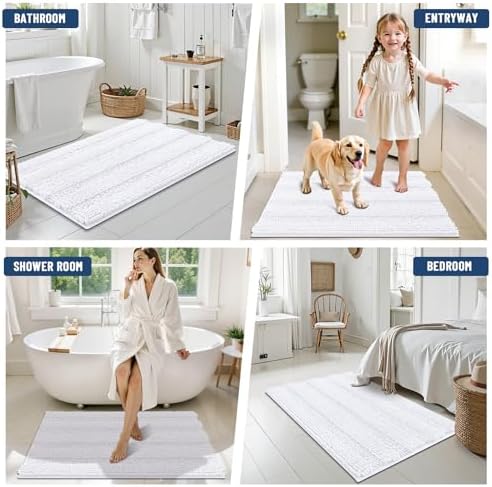 Grandaily Chenille Striped Bathroom Rugs 40x32, Extra Thick and Soft Absorbent Bath Mats, Rubber Backing, Plush Shaggy Shower Carpet, Machine Wash Dry, Bath Rug for Bathroom, Solid White