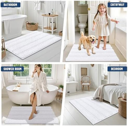 Grandaily Chenille Striped Bathroom Rugs 70x24, Extra Thick and Soft Absorbent Bath Mats, Rubber Backing, Plush Shaggy Shower Carpet, Machine Wash Dry, Bath Rug for Bathroom, Solid White