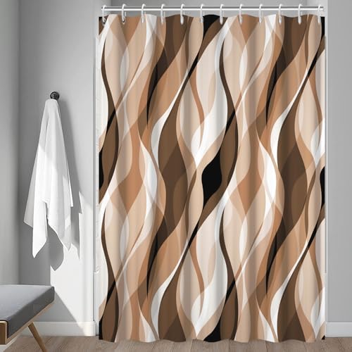 Brown Striped Shower Curtain with Hooks for Bathroom 72x84 Inch