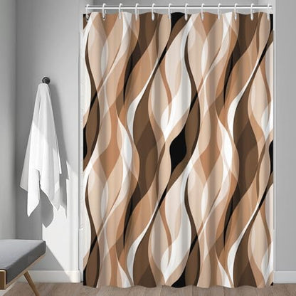 Brown Striped Shower Curtain with Hooks for Bathroom 72x84 Inch