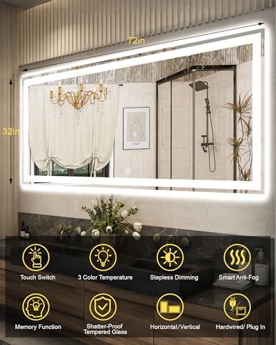72x32 LED Bathroom Mirror, 6000LM, Separate Front and Back Lights
