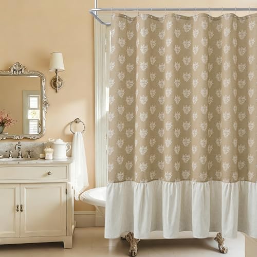 ORTIGIA Linen Textured Ruffle Shower Curtain with Metal Hooks, Brown Vintage Block Print Floral Boho Waterproof Bath Curtain for Rustic Farmhouse Bathroom Decor 72x72 Inch