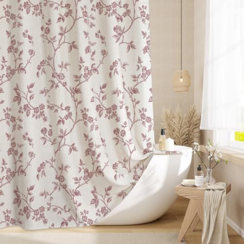 MitoVilla Pink Linen Floral Shower Curtain for Bathroom, 72 x 72