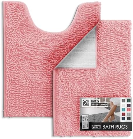 Hearth & Harbor Bathroom Rugs, Chenille Bath Mat - Machine Washable Bath Mats for Bathroom Non-Slip Backing Rubber, Quick Dry Bathroom Mat, 17 x 24 + 20 x 24 - Pink