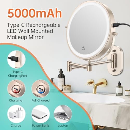 5000mAh Rechargeable Wall Mounted Lighted Makeup Vanity Mirror1X/30X Nickel