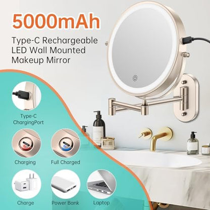5000mAh Rechargeable Wall Mounted Lighted Makeup Vanity Mirror1X/30X Nickel
