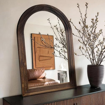 Arched Bathroom Mirror, 38"x26" Brown Wood Frame Wall Mirror