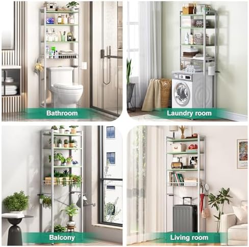 Kalrin Over-The-Toilet Storage Rack, 4-Tier Bathroom Organizer Shelf Over Toilet with Adjustable Shelf and Basket, Freestanding Space Saver Bathroom Shelves Above Toilet for Room (Avocado Green)