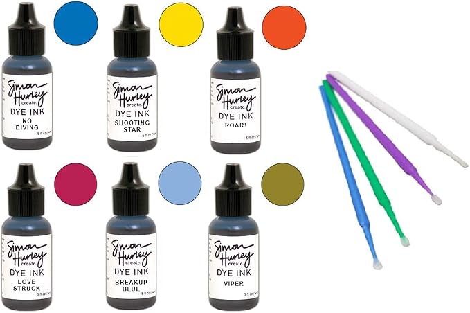 Ranger Simon Hurley Bundle - 6 Dye Ink Collection with PTP Flash Deals Detail Sticks (REINKERS: No Diving, Love Struck, Roar!, Viper, Shooting Star, Breakup Blue)