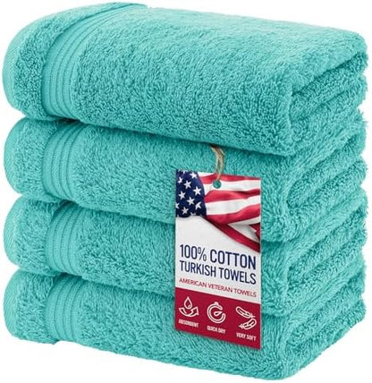 American Veteran Towel, Hand Towels for Bathroom Set of 4, 100% Cotton Turkish Hand Towel Sets, Soft Hand Face Towels, Turquoise Blue Hand Towels