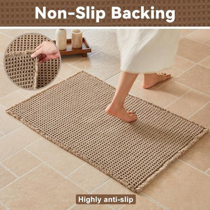 Triohero Waffle Bath Mat, Small Boho Bathroom Rugs Non Slip 16x24 Beige