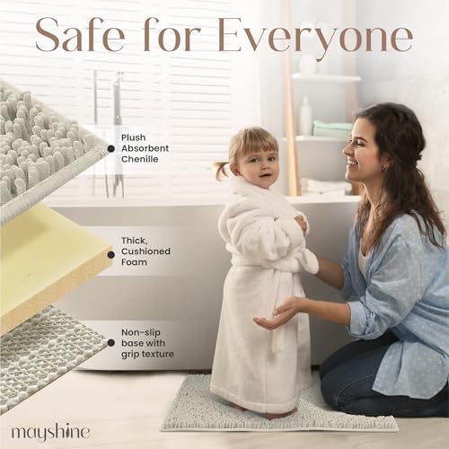 MAYSHINE Small Plush Shaggy Chenille Bath Mat 24"x17" Extra Soft, Super Absorbent, Non-Slip Bathroom Rug, Fluffy Microfiber, Area Rug Sets for Bathroom Floor, Kitchen, Living Room, Wax White