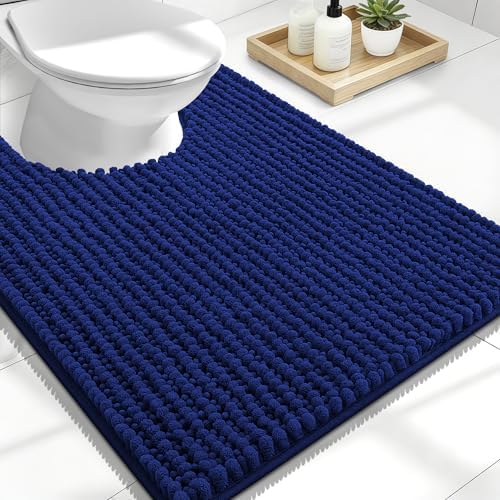 OLANLY Thick Chenille Toilet Rugs U-Shaped 24x20, Absorbent Bath Mat, Navy