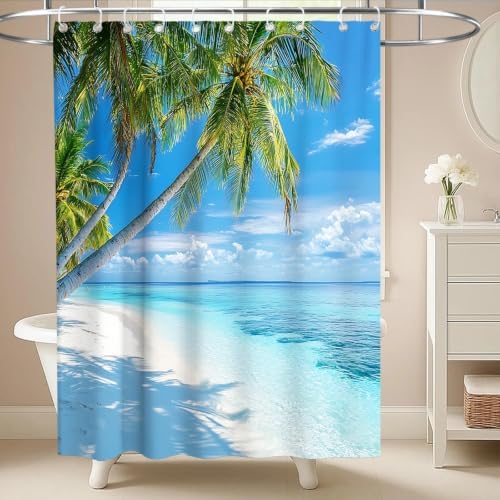 Beach Modern Ocean Shower Curtain Summer Coastal Tropical Palm Tree Trendy