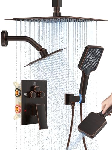 Woindo Shower Faucet Set, 10" Ceiling Mount Rainfall Shower System with 2 Rain Shower Head and Multi-function Handheld Head Push Button Diverter Shower Faucet Trim Kit