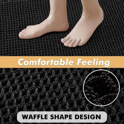 MIULEE Set of 2 Waffle Bathroom Rugs Boho Bath Mat Black 17"x24"+18"x30"