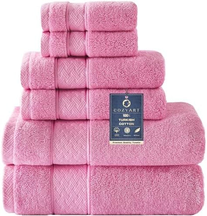 COZYART Bath Towel Set 6 PCS, Pink Luxury 100% Turkish Cotton 650GSM