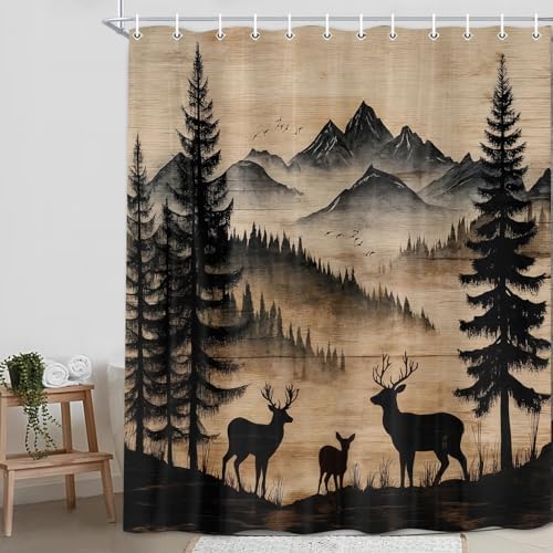 Rustic Deer Shower Curtain, Cabin Country Wood Lodge Hunting Wild Animal Vintage Farmhouse Hunting Camping Camper RV Bathroom Decor Polyester Fabric Mens Bath Curtain Set with Hooks,47X70IN