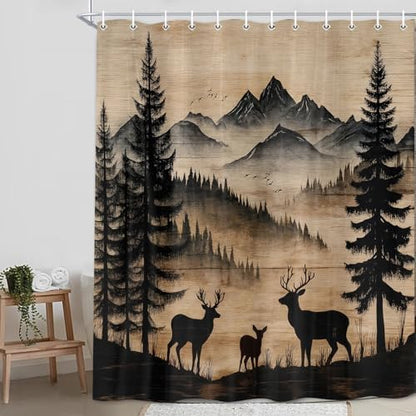 Rustic Deer Shower Curtain, Cabin Country Wood Lodge Hunting Wild Animal Vintage Farmhouse Hunting Camping Camper RV Bathroom Decor Polyester Fabric Mens Bath Curtain Set with Hooks,70X70IN