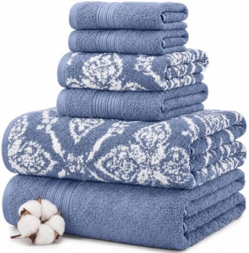 Modern Threads Amaris 6-Piece Reversible Yarn Dyed Jacquard Towel Set - Bath Towels, Hand Towels, & Washcloths - Super Absorbent & Quick Dry - 100% Combed Cotton, Denim