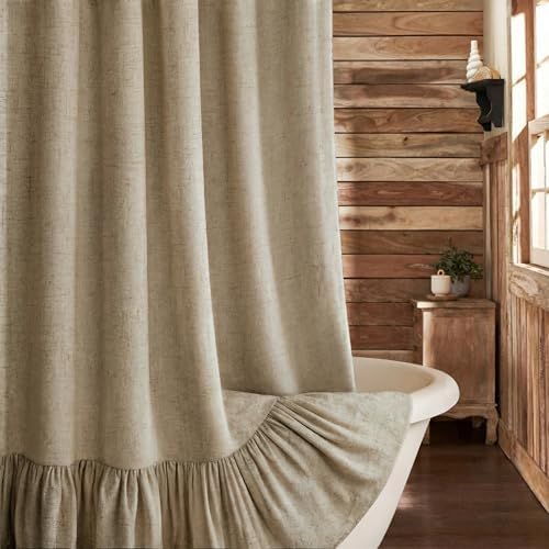 Farmhouse Shower Curtain Ruffle Linen Flax Khaki 72" W x 72" L