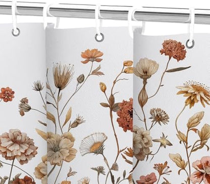 Vintage Boho White Floral Shower Curtain, Brown Cream Tan Rustic Farmhouse Flower Shower Curtain Set, Cute Botanical Wlidflowers Fabric Shower Curtains Decoration, 72X72 Aesthetic Bathroom Accessories