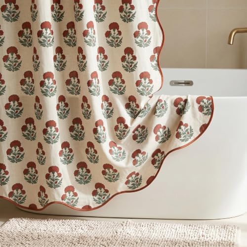 Boomkin Block Print Scalloped Shower Curtain Set with 12 Hooks