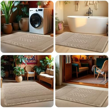 Waffle Bath Mat, Boho Woven Modern Bath Rug Absorbent Non Slip, Ultra Soft Bathroom Mats, Machine Washable Knit Bath Rugs Vertical Stripes with Ripples for Bathroom, Bedroom, Shower, 32"x20", Beige