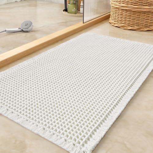 Waffle Bath Mat, Super Absorbent Non Slip Bath Mat Ultra Soft Bathmat Machine Washable Bath Rugs with Tassels, Beside Tub, 24" x 36", White