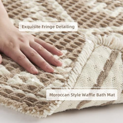 PADOOR-Waffle Bathroom Runner 24"x72", Super Absorbent Bath Mats for Bathroom, Machine Washable Non Slip Bath Rug with Tassels, Soft Bath Mat for Laundry Room, Bedroom, Brown & Cream, 2'x 6'