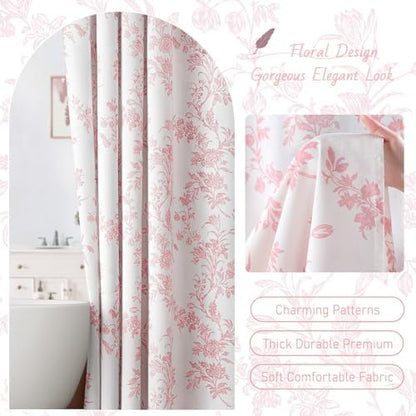 Pink Floral Shower Curtain,Vintage Cotton Cottagecore Shower Curtains for Bathroom, 72" W x 84" L
