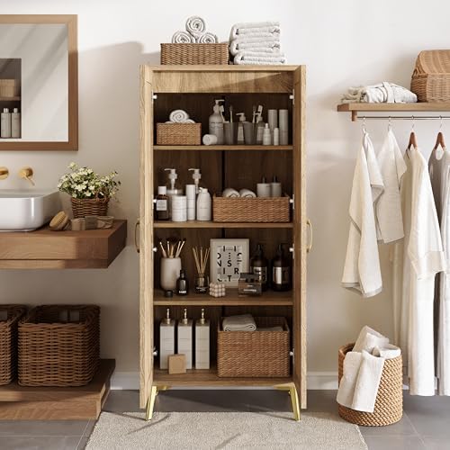 JASIWAY Tall Bathroom Storage Cabinet 57" Rattan Pantry Cabinet, Wood