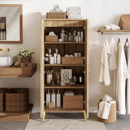 JASIWAY Tall Bathroom Storage Cabinet 57" Rattan Pantry Cabinet, Wood