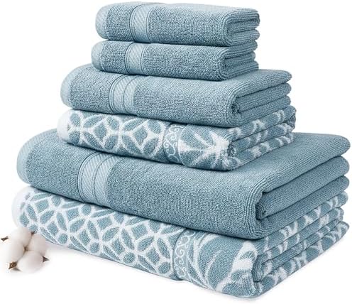 Modern Threads 6 Piece Bath Towel Set – Bathroom Set with 2 Bath Towels, 2 Hand Towels, and 2 Wash Cloths – 100% Cotton, Super Absorbent & Extra Soft – Reversible Botanical Vine (Blue)